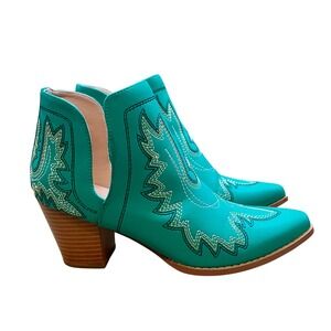 Teal Turquoise Western Cutout Ankle Boots Pointed Toe Block Heel Size 9